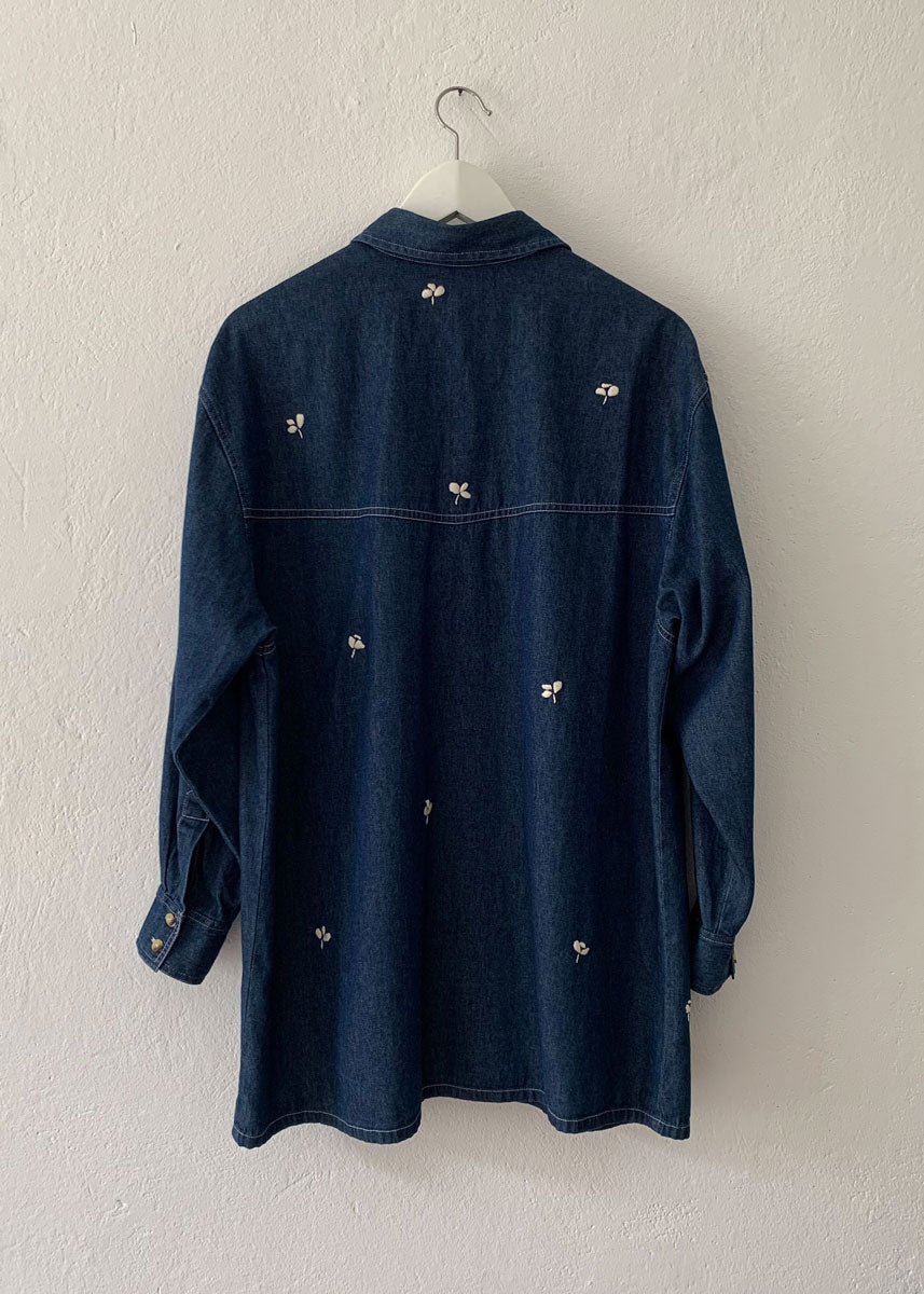 Denim shirt on hanger from back.
