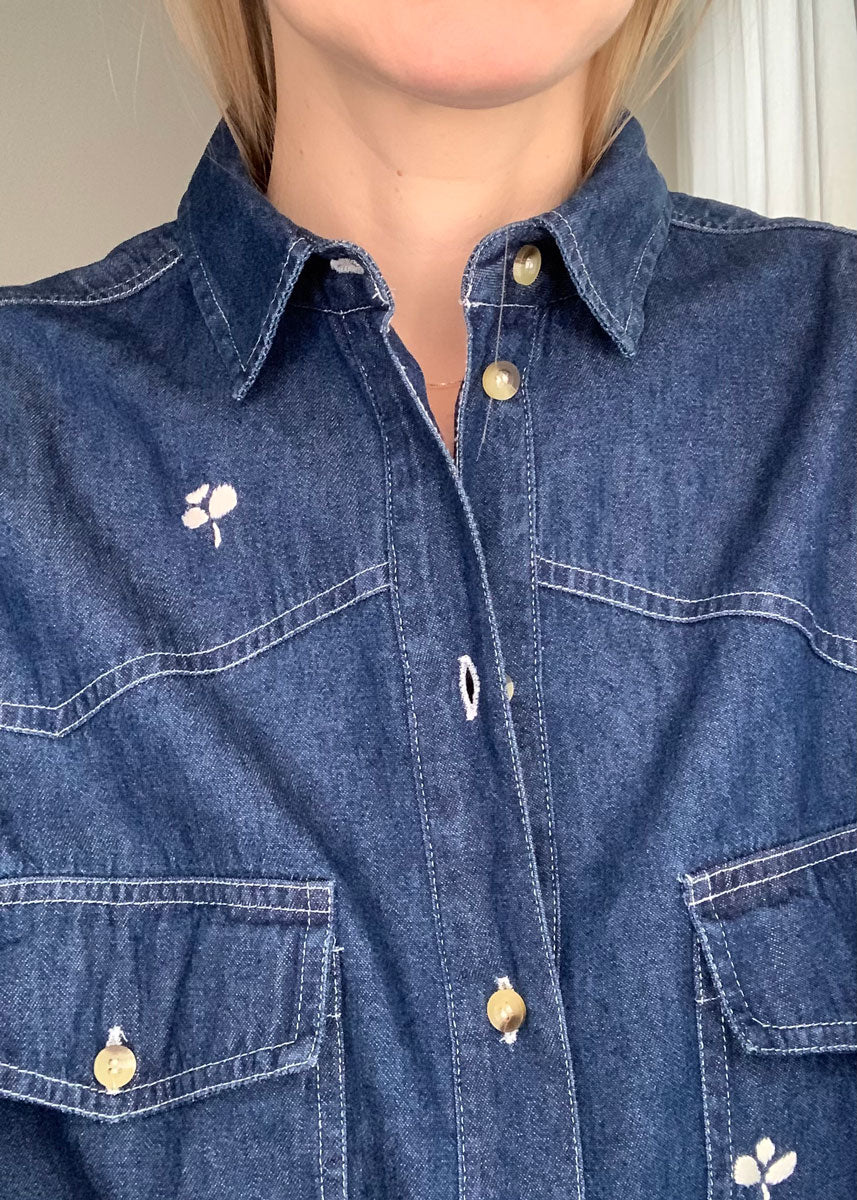 Close-up of top front of shirt when worn.