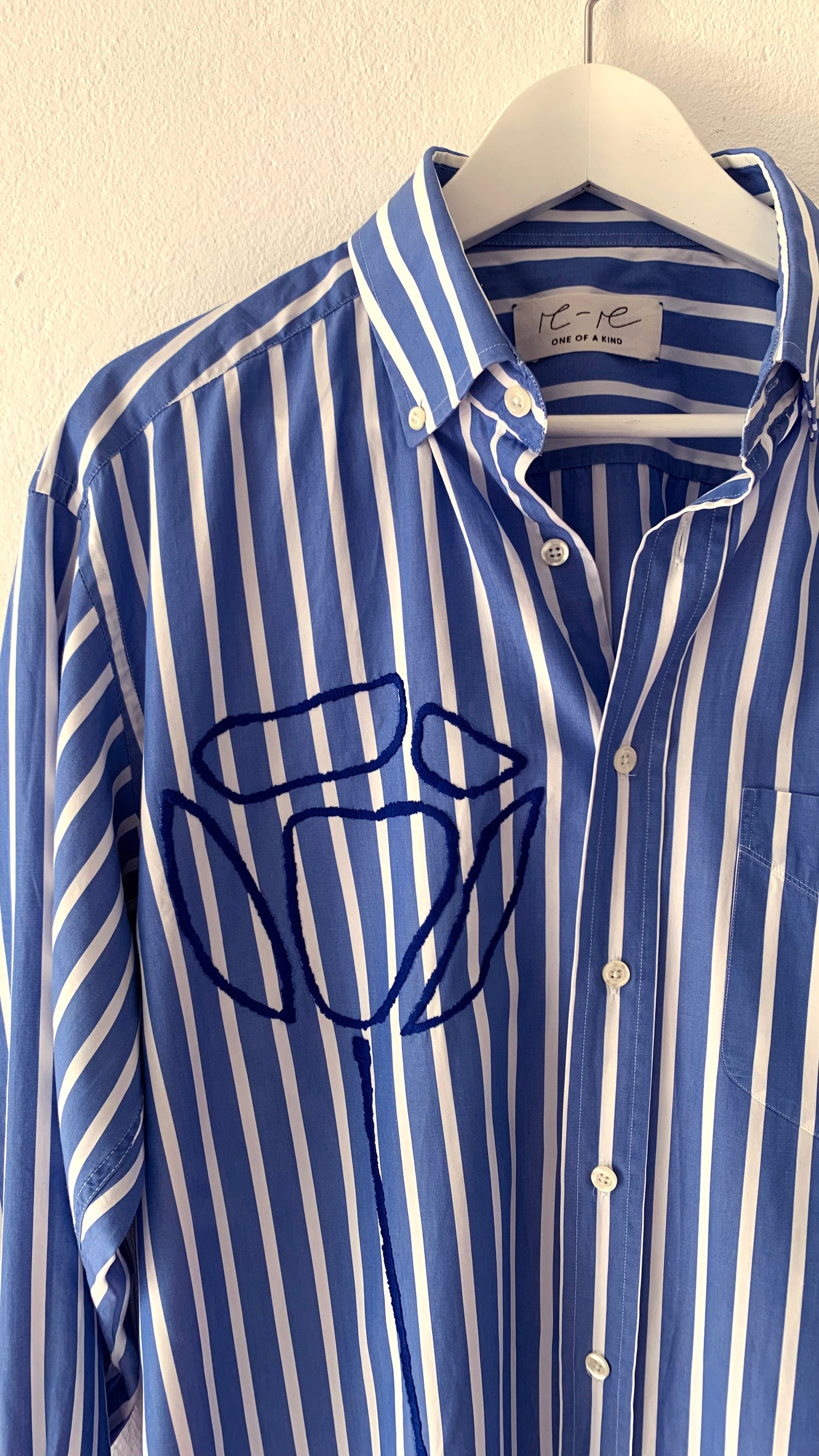 Blue Striped Shirt with Big Flower