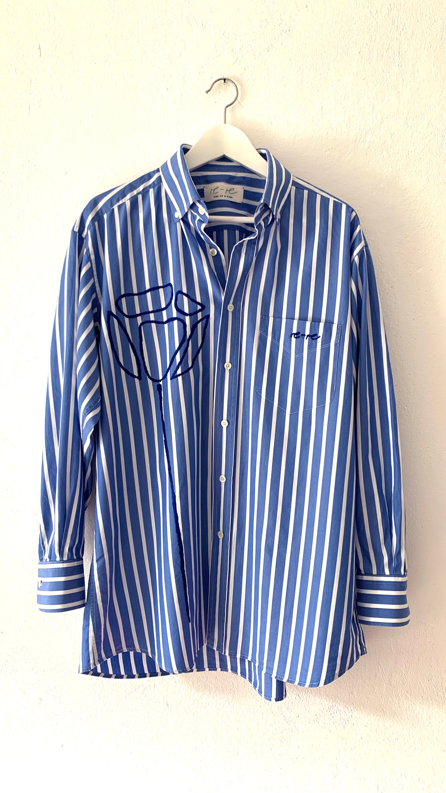 Blue Striped Shirt with Big Flower