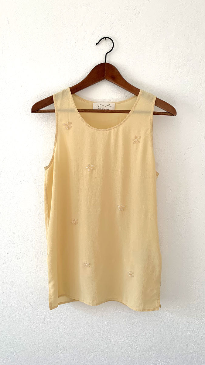 pre-loved silk top in vanilla with hand applied vintage rose quartz gemstones as little floral ornaments at front